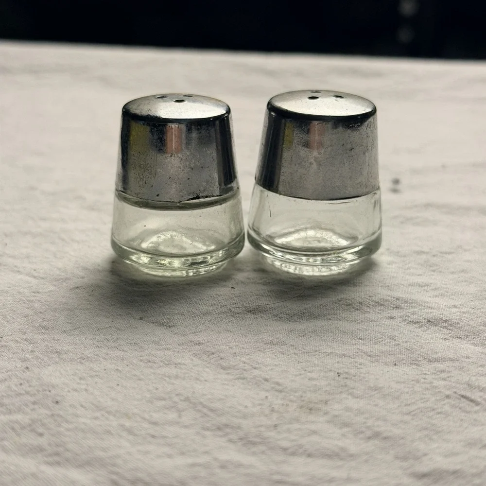 Vintage Miniature Round Glass Salt & Pepper Shakers Metal Lids 1.5
